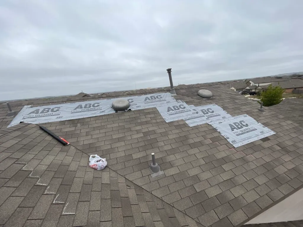 A roof repair in progress with ABC Pro Guard underlayment laid over the decking